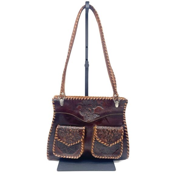 Vintage Tooled Leather Purse Brown Shoulder Bag Western Boho Saddlestitch - Picture 4 of 16